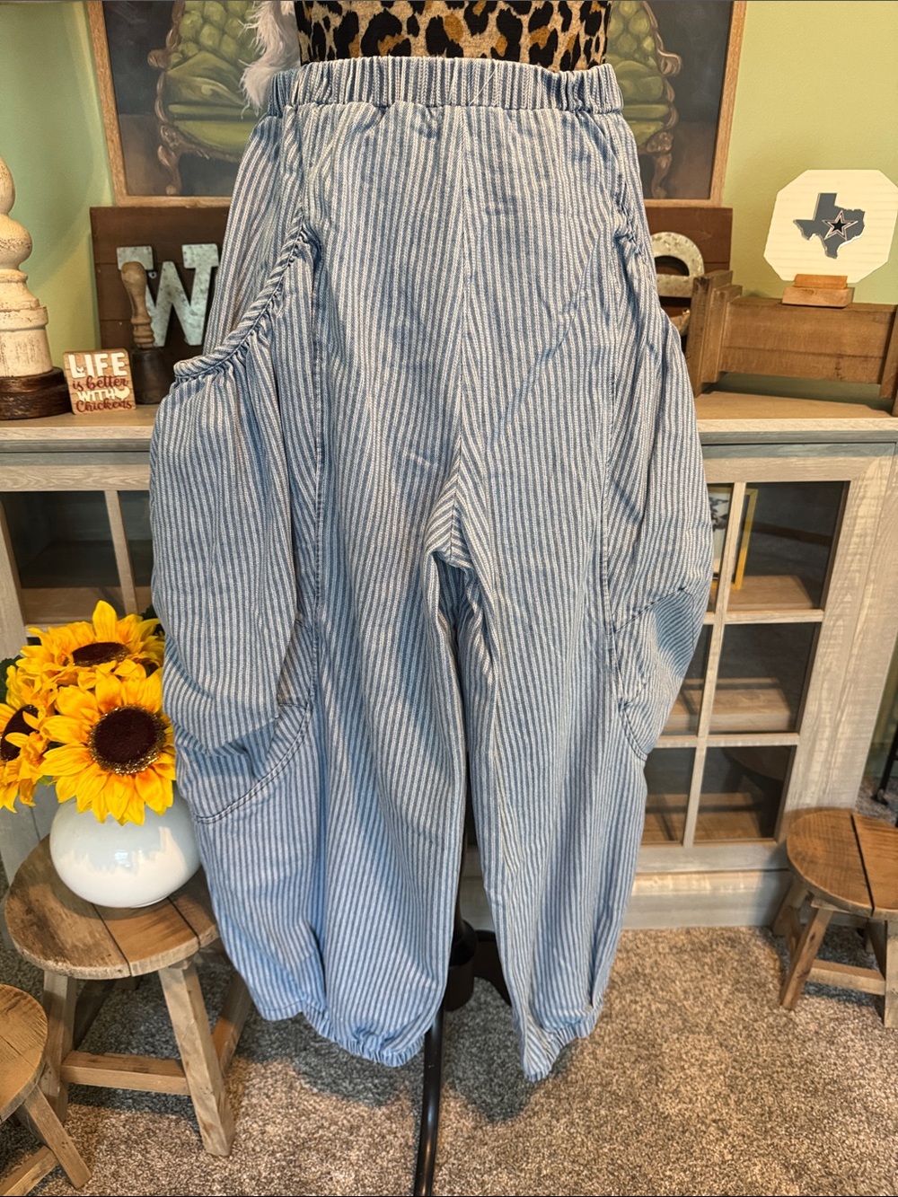Davi & Dani Light Blue/White Striped Wide Leg Denim Pants Sz 1XL